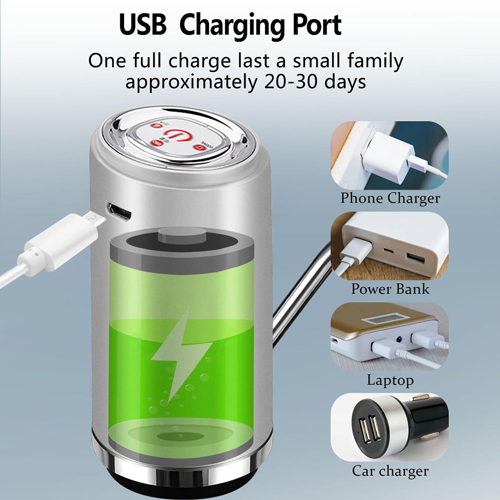 Drinking Water Dispenser for 5 Gallon Bottle, Electric Rechargeable Portable Water Dispenser, Type-C USB Charging - Silver