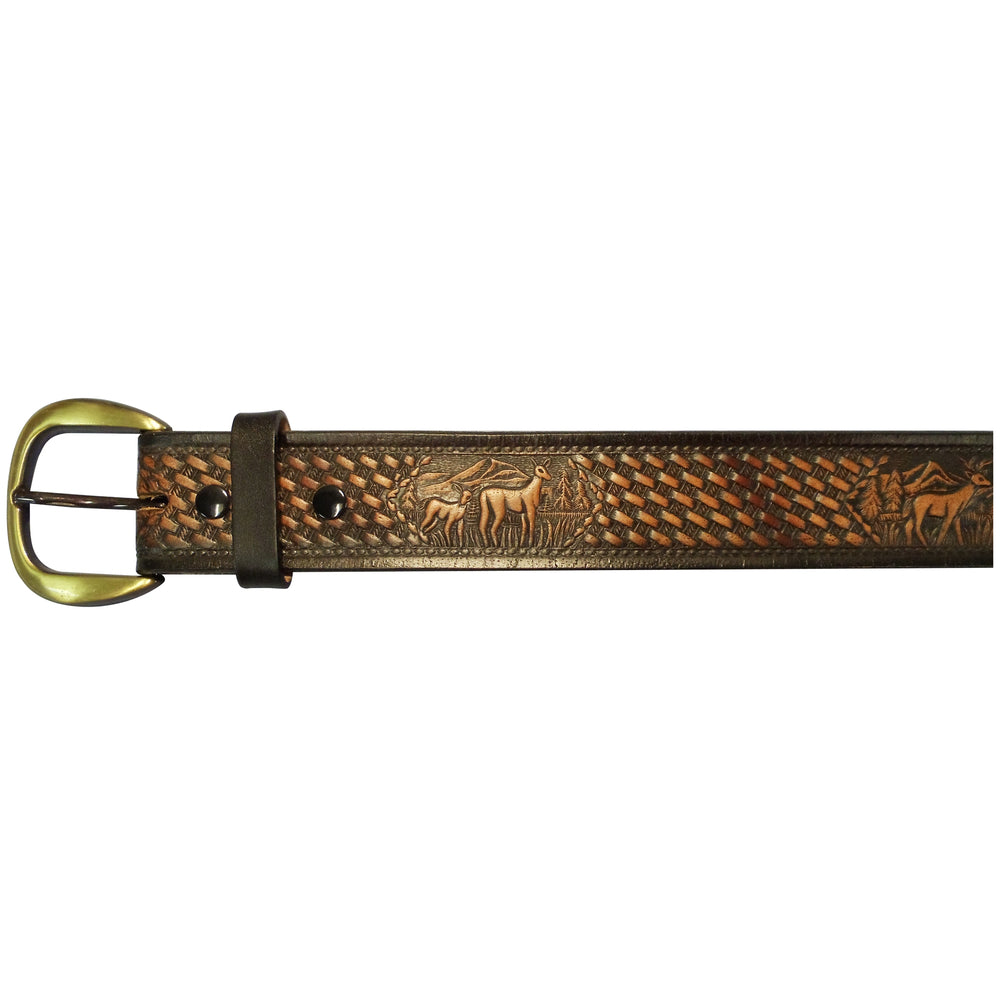 Barjan 10610160142 42" Black/Brown Leather Field and Stream Belt - Embossed Deer Image 1