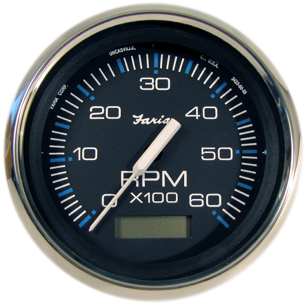 Faria Beede 33732 Chesapeake Black SS 4" Tachometer Hourmeter 6,000 RPM (Gas - Inboard) Image 1