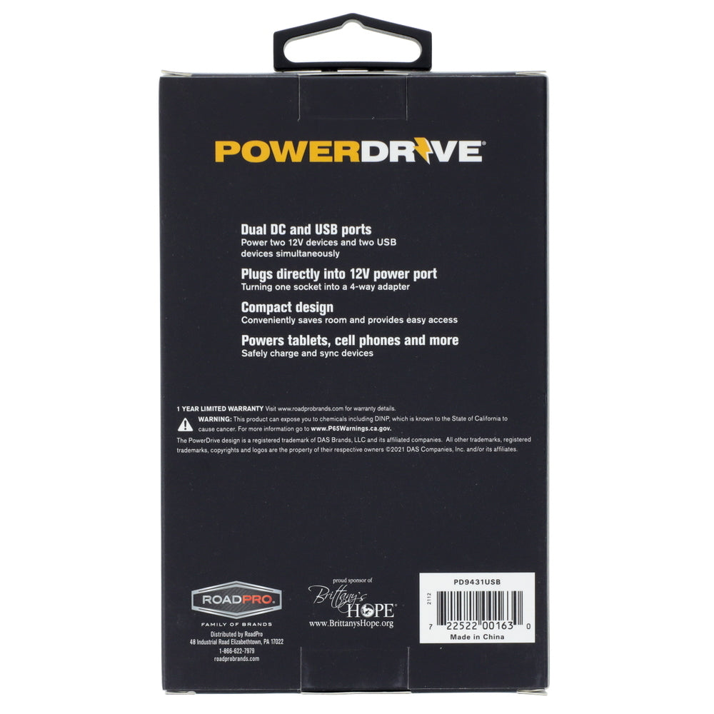 PowerDrive PD9431USB 12V 2-Way Corded Adapter 2 Usb Port Cigarette Light