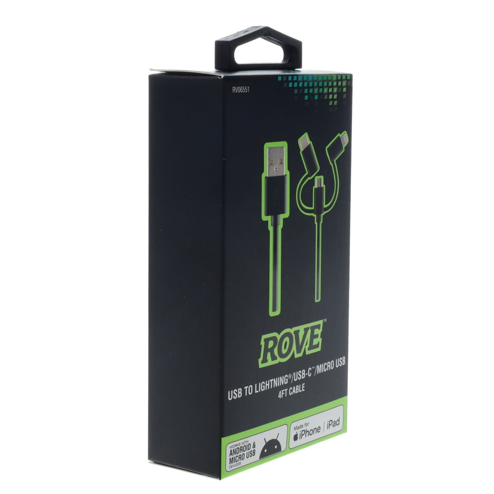 ROVE RV06551 4Ft 3-In-1 Multi Charging Cord Android And Iphone-Ready Cable Bl